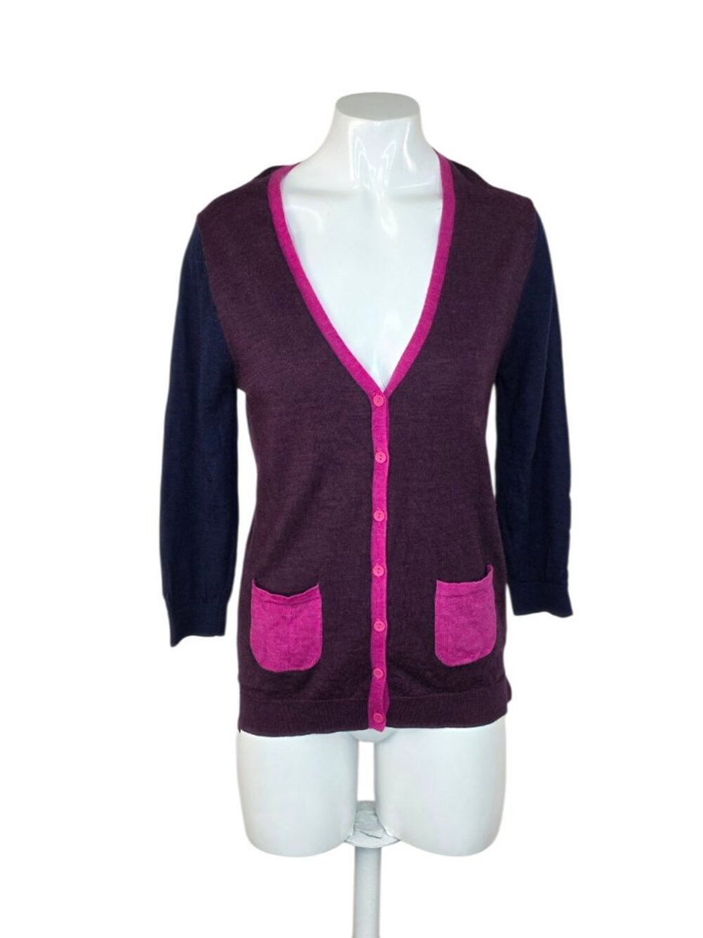 Clements Ribeiro POP 3/4 Sleeve Button Front Cardigan, 100% Wool,V-Neck, Size M